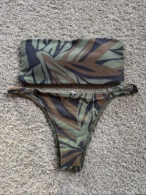 O’Niell Leaf Print Bandeau Bikini Set in Olive & Brown